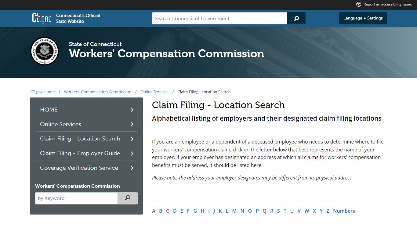 Claim Filing - Location Search - ct